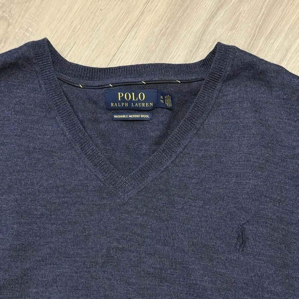 Polo Ralph Lauren sweater Mens XL Washable Merino Wool V Neck Blue knit pullover